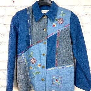 Vintage Cottagecore blazer jacket size 8 blue denim  embroidery grandma cabin